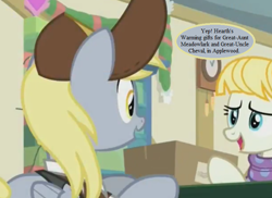 Size: 704x512 | Tagged: safe, edit, edited screencap, screencap, character:derpy hooves, species:pony, episode:best gift ever, g1, g4, my little pony tales, my little pony: friendship is magic, clock, clothing, cropped, dialogue, female, g1 to g4, generation leap, hat, implied cheval, implied chevalark, implied meadowlark, implied shipping, implied straight, mailmare hat, mare, parcel, speech bubble