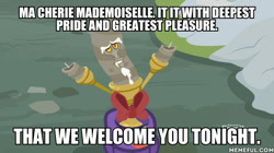 Size: 600x337 | Tagged: safe, edit, edited screencap, screencap, character:discord, episode:best gift ever, g4, my little pony: friendship is magic, beauty and the beast, candle, candlestick, discord candle, image macro, living object, lumiere, male, meme, solo, text