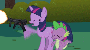 Size: 300x167 | Tagged: safe, edit, edited screencap, screencap, character:spike, character:twilight sparkle, character:twilight sparkle (unicorn), species:dragon, species:pony, species:unicorn, episode:friendship is magic, g4, my little pony: friendship is magic, animated, duo, eyes closed, female, gif, gun, male, mare, mp5, mp5k, muzzle flash, open mouth, ponies with guns, shooting, submachinegun, weapon, who needs trigger fingers
