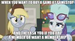 Size: 901x499 | Tagged: safe, edit, edited screencap, screencap, character:derpy hooves, character:rarity, species:pegasus, species:pony, species:unicorn, episode:best gift ever, g4, my little pony: friendship is magic, clothing, duo, female, gamestop, glasses, hat, image macro, mailmare hat, mare, meme, post office, text