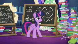 Size: 1920x1080 | Tagged: safe, edit, edited screencap, screencap, character:twilight sparkle, character:twilight sparkle (alicorn), species:alicorn, species:pony, episode:best gift ever, g4, my little pony: friendship is magic, animated, book, bookshelf, chalkboard, excited, faec, gasp, pudding face, sound, webm
