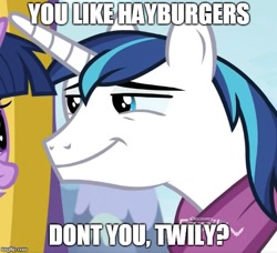 Size: 547x499 | Tagged: safe, edit, edited screencap, screencap, character:shining armor, species:pony, episode:best gift ever, g4, my little pony: friendship is magic, cropped, dialogue, just one bite, male, meme, nickelodeon, parody, smug, solo focus, spongebob squarepants, stallion, text, twilight burgkle, you like krabby patties don't you squidward?