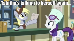 Size: 960x540 | Tagged: safe, edit, edited screencap, screencap, character:derpy hooves, character:rarity, episode:best gift ever, g4, my little pony: friendship is magic, duo, image macro, meme, multiple personality, post office, tabitha st. germain, text, voice actor joke, winter outfit