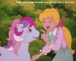 Size: 640x512 | Tagged: safe, edit, edited screencap, screencap, character:megan williams, character:sweet stuff, episode:the cutie re-mark, g1, my little pony: the movie (1986), cropped, cute, friends are always there for you, g4 to g1, generation leap, lyrics, megandorable, song reference, sweet sweet stuff, text