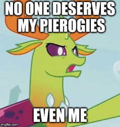 Size: 357x375 | Tagged: safe, edit, edited screencap, screencap, character:thorax, species:changeling, species:reformed changeling, episode:triple threat, g4, my little pony: friendship is magic, angry, antlers, caption, cropped, forced meme, image macro, imgflip, meme, pierogi, text