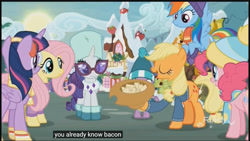 Size: 1366x768 | Tagged: safe, edit, edited screencap, screencap, character:applejack, character:fluttershy, character:pinkie pie, character:rainbow dash, character:rarity, character:spike, character:twilight sparkle, character:twilight sparkle (alicorn), species:alicorn, species:pony, episode:best gift ever, g4, my little pony: friendship is magic, bacon, caption, clothing, earmuffs, food, hat, meat, meme, scarf, snow, youtube caption