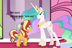 Size: 1082x720 | Tagged: safe, edit, edited screencap, screencap, character:princess celestia, character:sunset shimmer, species:alicorn, species:pony, species:unicorn, equestria girls:forgotten friendship, g4, my little pony: equestria girls, my little pony:equestria girls, abuse, background pony strikes again, eye contact, female, frown, gritted teeth, lidded eyes, looking at each other, mare, op is a duck, op is trying to start shit, raised hoof, shimmerbuse, sunbutt, wide eyes