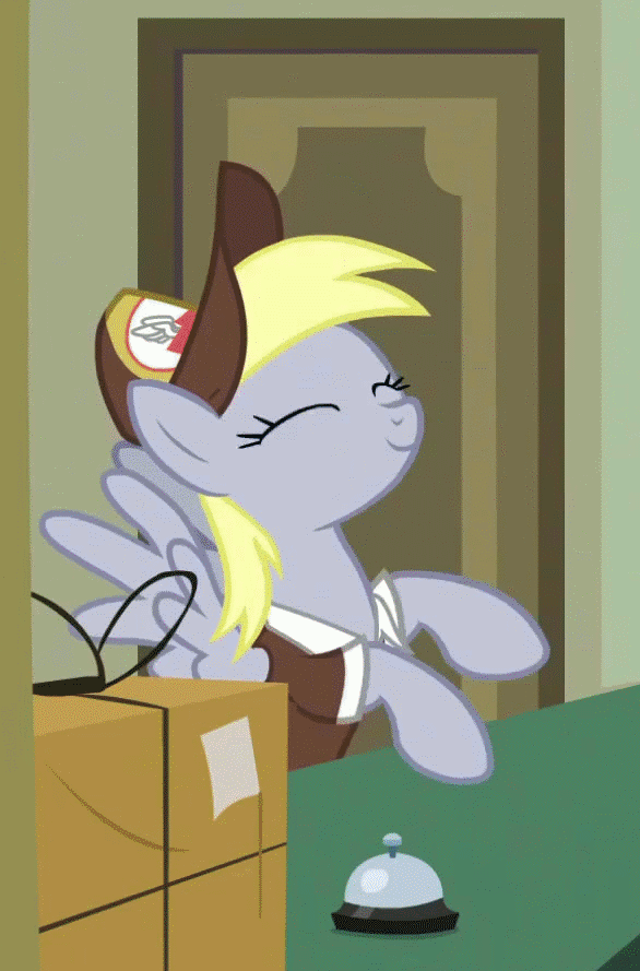 Size: 586x889 | Tagged: safe, edit, edited screencap, screencap, character:derpy hooves, species:pegasus, species:pony, episode:best gift ever, g4, my little pony: friendship is magic, animated, clothing, cropped, cute, derpabetes, eyes closed, female, gif, hat, mailmare hat, mare, post office, reversed, smiling, solo