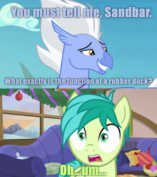 Size: 960x1080 | Tagged: safe, edit, edited screencap, screencap, character:sandbar, character:sky beak, episode:surf and/or turf, episode:the hearth's warming club, g4, my little pony: friendship is magic, arthur weasley, comic, harry potter, harry potter and the chamber of secrets, image macro, meme, reference, rubber duck, screencap comic, text