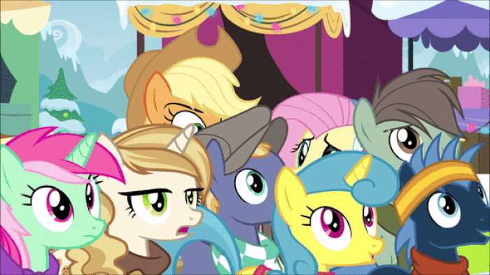 Size: 700x394 | Tagged: safe, edit, screencap, character:applejack, character:fluttershy, character:lemon hearts, character:minty bubblegum, character:star hunter, character:sweet biscuit, species:pony, episode:best gift ever, g4, my little pony: friendship is magic, animated, background pony, gif, jumping, loop