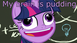 Size: 1920x1080 | Tagged: safe, edit, edited screencap, screencap, character:twilight sparkle, character:twilight sparkle (alicorn), species:alicorn, species:pony, episode:best gift ever, g4, my little pony: friendship is magic, chalkboard, crazy face, derp, discovery family logo, faec, female, image macro, lightbulb, mare, meme, open mouth, pudding face, solo, text, twilight snapple, twilight sparkle is best facemaker, wall eyed, wat