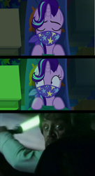 Size: 655x1200 | Tagged: safe, edit, edited screencap, screencap, character:starlight glimmer, species:pony, attempted murder, crossover, gag, lightsaber, luke skywalker, meme, star wars, star wars: the last jedi, surprised, this will end in death, this will end in tears and/or death, weapon