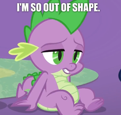 Size: 758x720 | Tagged: safe, edit, edited screencap, screencap, character:spike, species:dragon, episode:best gift ever, g4, my little pony: friendship is magic, belly, caption, cropped, fat edit, fat spike, male, plump, pouting, pudgy, sitting, solo, winged spike
