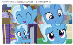 Size: 672x418 | Tagged: safe, edit, edited screencap, screencap, character:trixie, episode:on the road to friendship, female, solo, text, trixie day, trixie's wagon