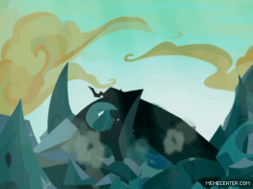 Size: 500x374 | Tagged: safe, edit, edited screencap, screencap, character:queen chrysalis, species:changeling, episode:to where and back again, g4, my little pony: friendship is magic, animated, animation error, autobot, changeling queen, chrysalis encounters heroes, crossover, drill, female, former queen chrysalis, gif, glowing horn, hissing, magic, sharp teeth, signal lancer, spear, staff, such as, teeth, traffic light, transformers, transformers cybertron, transformers galaxy force, twirl, weapon