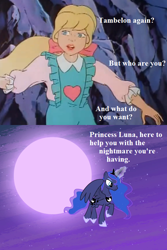 Size: 528x792 | Tagged: safe, edit, edited screencap, screencap, character:megan williams, character:princess luna, species:alicorn, species:human, species:pony, episode:for whom the sweetie belle toils, episode:the return of tambelon, g1, g4, my little pony 'n friends, comic, cropped, dialogue, dream, dream walker luna, ethereal mane, female, g4 to g1, generation leap, mare, moon, nightmare, screencap comic