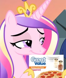 Size: 508x600 | Tagged: safe, edit, edited screencap, screencap, character:princess cadance, species:pony, episode:three's a crowd, g4, my little pony: friendship is magic, budget cuts, cadance's pizza delivery, cheap, cropped, disgusting, evil, female, food, great value, holding, meat, meme, pathetic, peetzer, pepperoni, pepperoni pizza, pizza, ponies eating meat, pure unfiltered evil, smiling, smirk, smug, solo, that pony sure does love pizza, this will end in sickness, unpleasant implications