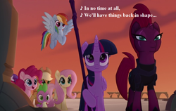 Size: 1216x768 | Tagged: safe, edit, edited screencap, screencap, character:applejack, character:fluttershy, character:pinkie pie, character:rainbow dash, character:rarity, character:spike, character:tempest shadow, character:twilight sparkle, character:twilight sparkle (alicorn), species:alicorn, species:dragon, species:earth pony, species:pegasus, species:pony, species:unicorn, episode:the ghost of paradise estate, g1, g4, my little pony 'n friends, my little pony: the movie (2017), applejack's hat, broken horn, canterlot castle, clothing, cowboy hat, cropped, eye scar, female, g1 to g4, generation leap, hat, horn, in no time at all, lyrics, mare, scar, song reference, staff, staff of sacanas, text