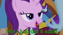 Size: 1920x1080 | Tagged: safe, edit, edited screencap, screencap, character:starlight glimmer, species:pony, species:unicorn, episode:on the road to friendship, caption, female, greentext, image macro, lidded eyes, meme, solo, text, totally legit recap, youtube link