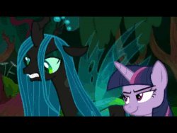 Size: 640x480 | Tagged: safe, edit, screencap, character:cozy glow, character:mean twilight sparkle, character:queen chrysalis, species:changeling, species:pegasus, species:pony, episode:school raze, episode:the mean 6, g4, my little pony: friendship is magic, animated, cage, changeling queen, clone, everfree forest, evil grin, female, filly, grin, smiling, sound, tartarus, wanna be friends?, webm, windows movie maker