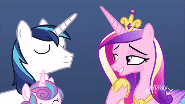 Size: 600x338 | Tagged: safe, edit, edited screencap, screencap, character:princess cadance, character:princess flurry heart, character:shining armor, species:alicorn, species:pony, ship:shiningcadance, episode:best gift ever, g4, my little pony: friendship is magic, animated, blushing, discovery family logo, fanning, female, gif, hoof shoes, male, shipping, straight