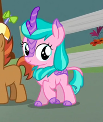 Size: 323x381 | Tagged: safe, edit, edited screencap, screencap, character:aquamarine, character:button mash, character:liquid button, species:kirin, episode:crusaders of the lost mark, g4, my little pony: friendship is magic, aquamarine wears everything, cropped, female, filly, kirin-ified, solo focus, species swap