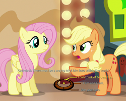 Size: 750x600 | Tagged: safe, edit, edited screencap, screencap, character:applejack, character:fluttershy, episode:viva las pegasus, g4, my little pony: friendship is magic, applejack's hat, clothing, cowboy hat, cropped, dialogue wheel, hat, implied flim flam brothers, implied gladmane, light bulb, mass effect