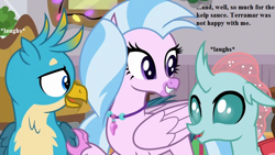 Size: 800x450 | Tagged: safe, edit, edited screencap, screencap, character:gallus, character:ocellus, character:silverstream, species:changedling, episode:the hearth's warming club, g4, my little pony: friendship is magic, amused, cute, dialogue, diaocelles, diastreamies, gallabetes, implied terramar, jewelry, necklace, noodle incident, pearl necklace, school of friendship