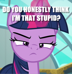 Size: 1048x1074 | Tagged: safe, edit, edited screencap, screencap, character:twilight sparkle, character:twilight sparkle (alicorn), species:alicorn, species:pony, episode:top bolt, g4, my little pony: friendship is magic, cropped, female, image macro, meme, solo, text, twilight is not amused, unamused