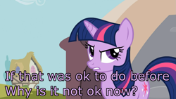Size: 1365x768 | Tagged: safe, edit, edited screencap, screencap, character:twilight sparkle, character:twilight sparkle (unicorn), species:pony, species:unicorn, episode:it's about time, g4, my little pony: friendship is magic, annoyed, female, image macro, mare, meme, reaction image, solo, text