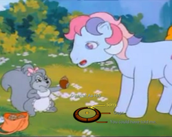 Size: 750x600 | Tagged: safe, edit, edited screencap, screencap, character:sweet stuff, episode:sweet stuff and the treasure hunt, g1, my little pony 'n friends, acorn, apron, bag, bow, clothing, cropped, dialogue wheel, grumpy squirrel, mass effect, squirrel, tail bow