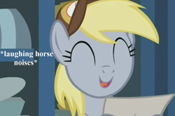 Size: 972x648 | Tagged: safe, edit, edited screencap, screencap, character:derpy hooves, episode:best gift ever, g4, my little pony: friendship is magic, clothing, cropped, cute, derpabetes, descriptive noise, female, funny (reaction image), hat, horse noises, mailmare hat, paper, post office, reaction image, solo, text