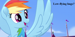 Size: 918x459 | Tagged: safe, edit, edited screencap, screencap, character:rainbow dash, my little pony: the movie (2017), bronybait, canterlot, cropped, cute, dashabetes, dialogue, female, hug request, pennant, solo