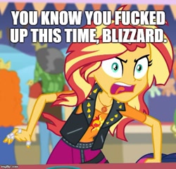 Size: 520x500 | Tagged: safe, edit, edited screencap, screencap, character:sandalwood, character:sunset shimmer, character:twilight sparkle, character:twilight sparkle (scitwi), species:eqg human, equestria girls:rollercoaster of friendship, g4, my little pony: equestria girls, my little pony:equestria girls, angry, bandage, caption, cropped, diablo immortal, geode of empathy, golden hazel, image macro, impact font, it's not about the parakeet, magical geodes, meme, messy hair, offscreen character, rage, rageset shimmer, shitposting, text, vulgar