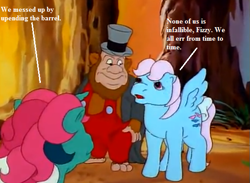 Size: 551x404 | Tagged: safe, edit, edited screencap, screencap, character:fizzy, character:wind whistler, species:pegasus, species:pony, episode:mish mash melee, g1, my little pony 'n friends, clothing, cropped, dell dweller, dialogue, female, hat, male, mare