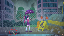 Size: 1920x1080 | Tagged: safe, edit, edited screencap, screencap, character:twilight sparkle, character:twilight sparkle (scitwi), species:eqg human, episode:monday blues, eqg summertime shorts, g4, my little pony: equestria girls, my little pony:equestria girls, female, geode of telekinesis, it, magical geodes, rain, reference, slowpoke, solo, storm drain, umbrella, wet, wet hair