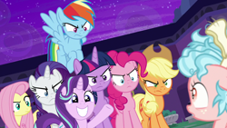 Size: 1280x720 | Tagged: safe, edit, edited screencap, screencap, character:applejack, character:cozy glow, character:fluttershy, character:pinkie pie, character:rainbow dash, character:rarity, character:starlight glimmer, character:twilight sparkle, character:twilight sparkle (alicorn), species:alicorn, species:earth pony, species:pegasus, species:pony, species:unicorn, episode:no second prances, episode:school raze, g4, my little pony: friendship is magic, angry, cute, female, filly, freckles, glare, glimmerbetes, happy, looking at each other, mare, one hoof raised, raised hoof, smiling