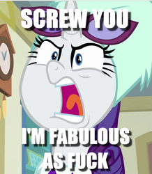 Size: 901x1034 | Tagged: safe, edit, edited screencap, screencap, character:rarity, episode:best gift ever, g4, my little pony: friendship is magic, clothing, cropped, fabulous, female, hat, image macro, irony, meme, solo, sophisticated as hell, sunglasses, text, vulgar, winter outfit, yelling