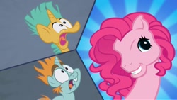 Size: 1280x720 | Tagged: safe, edit, edited screencap, screencap, character:pinkie pie, character:snails, character:snips, species:earth pony, species:pony, species:unicorn, episode:boast busters, g3, g4, my little pony: friendship is magic, clothing, g3 faic, open mouth, scarf, scary