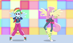 Size: 1786x1060 | Tagged: safe, edit, edited screencap, screencap, character:fluttershy, character:rainbow dash, equestria girls:dance magic, g4, my little pony: equestria girls, my little pony:equestria girls, spoiler:eqg specials, converse, dancing, duo, female, ponied up, rapper dash, shoes, sneakers