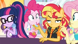 Size: 1341x755 | Tagged: safe, edit, edited screencap, screencap, character:fluttershy, character:pinkie pie, character:sunset shimmer, character:twilight sparkle, character:twilight sparkle (scitwi), species:anthro, species:eqg human, species:pony, species:unicorn, equestria girls:rollercoaster of friendship, g4, my little pony: equestria girls, my little pony:equestria girls, abomination, clothing, failure, geode of empathy, geode of sugar bombs, geode of telekinesis, glasses, magical geodes, pony head on human body, smoothie