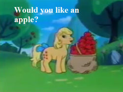 Size: 416x312 | Tagged: safe, edit, edited screencap, screencap, character:applejack (g1), episode:rescue at midnight castle, g1, my little pony 'n friends, apple, apple tree, bag, bow, bronybait, cropped, dialogue, food, looking at you, solo, tail bow, tree