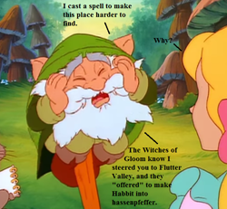 Size: 572x528 | Tagged: safe, edit, edited screencap, screencap, character:habbit, character:megan williams, character:mr moochick, g1, my little pony: the movie (1986), cropped, dialogue, implied threat, implied witches of gloom, mushroom, notepad