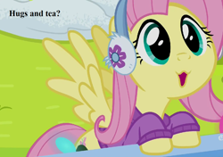 Size: 1152x810 | Tagged: safe, edit, edited screencap, screencap, character:fluttershy, episode:best gift ever, g4, my little pony: friendship is magic, :3, bronybait, clothing, cropped, cute, dialogue, earmuffs, female, hug request, shyabetes, snow, solo, sweater, turtleneck, winter outfit