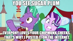 Size: 640x360 | Tagged: safe, edit, edited screencap, screencap, character:firelight, character:starlight glimmer, species:pony, species:unicorn, episode:the parent map, g4, chipmunk cheeks, dialogue, fathers gonna father, female, image macro, male, mare, meme, sire's hollow, stallion, text