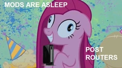 Size: 638x354 | Tagged: safe, edit, edited screencap, screencap, character:pinkamena diane pie, character:pinkie pie, episode:party of one, g4, my little pony: friendship is magic, contemplating insanity, derp, madame leflour, meta, mods are asleep, router, sir lintsalot