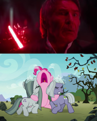 Size: 1023x1287 | Tagged: safe, edit, edited screencap, screencap, character:limestone pie, character:marble pie, character:pinkie pie, episode:the maud couple, g4, my little pony: friendship is magic, crossover, crying, death, han solo, hug, kylo ren, lightsaber, meme, ocular gushers, star wars, star wars: the force awakens, uvula, weapon