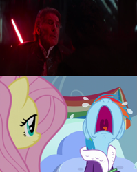 Size: 1023x1287 | Tagged: safe, edit, edited screencap, screencap, character:fluttershy, character:rainbow dash, episode:tanks for the memories, g4, my little pony: friendship is magic, crossover, crying, death, han solo, kylo ren, lightsaber, star wars, star wars: the force awakens, volumetric mouth, weapon