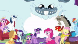 Size: 1920x1080 | Tagged: safe, edit, edited screencap, screencap, character:applejack, character:discord, character:fluttershy, character:pinkie pie, character:princess cadance, character:princess flurry heart, character:rainbow dash, character:rarity, character:shining armor, character:spike, character:twilight sparkle, character:twilight sparkle (alicorn), species:alicorn, species:draconequus, species:dragon, species:earth pony, species:pegasus, species:pony, species:unicorn, episode:best gift ever, g4, my little pony: friendship is magic, animated, aunt and niece, discovery family logo, father and daughter, female, food, male, mark hamill, mother and daughter, pudding, rapsittie street kids: believe in santa, shut that door!, song, sound, webm, winged spike, winterchilla, winterzilla