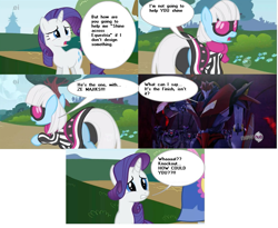 Size: 791x648 | Tagged: safe, edit, edited screencap, screencap, character:photo finish, character:rarity, episode:green isn't your color, g4, my little pony: friendship is magic, comic, ei, hub logo, knock out, screencap comic, transformers, transformers prime